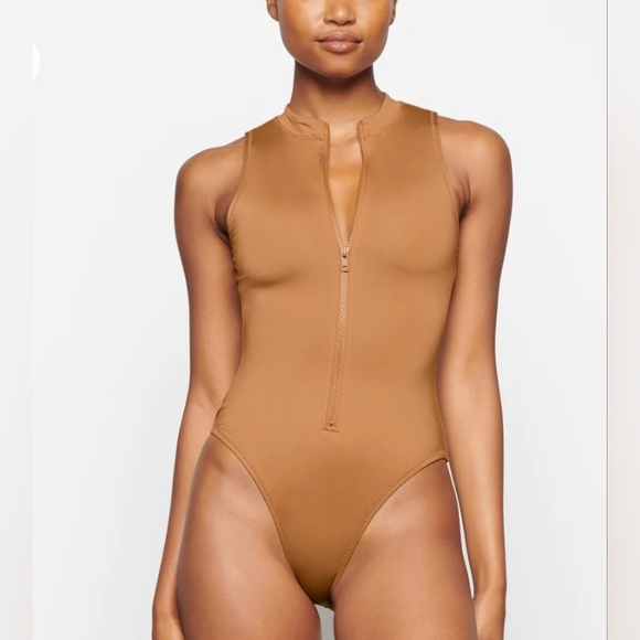 SKIMS Other - SKIMS SWIM ZIP FRONT SLEEVELESS ONE PIECE/ ALMOND/ NWT